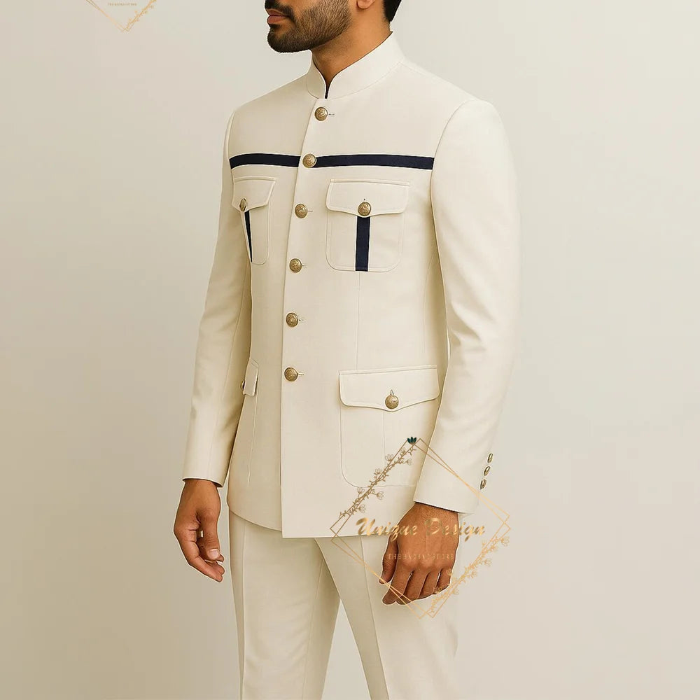 Ivory Formal Safari Suit Custom Made Indian Menswear for Wedding Groom Men's 2pcs Set Jacket Pants Slim Fit Party Dress