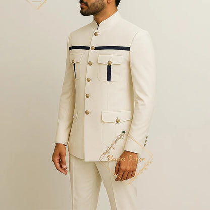 Ivory Formal Safari Suit Custom Made Indian Menswear for Wedding Groom Men's 2pcs Set Jacket Pants Slim Fit Party Dress
