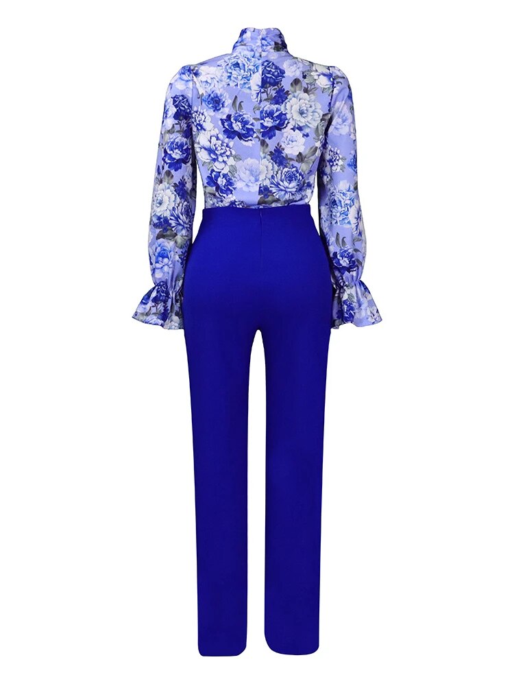 Women Two Pieces Set Printed Blouse Long Sleeves High Waist Pants Trousers Elegant Office Ladies Work Wear Suit 2 Pieces African