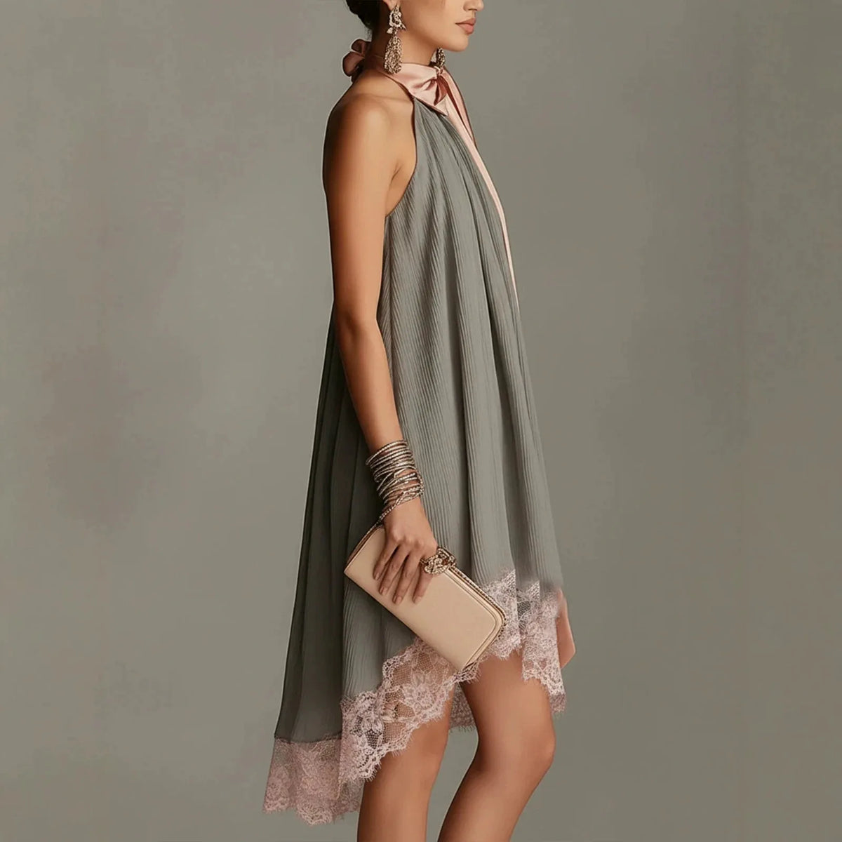 Pleated Halter Mini Dress for Women Pink Satin Big Bow Neck Tie Sleeveless Loose Flowy Elegant Cocktail Wedding Guest Dress