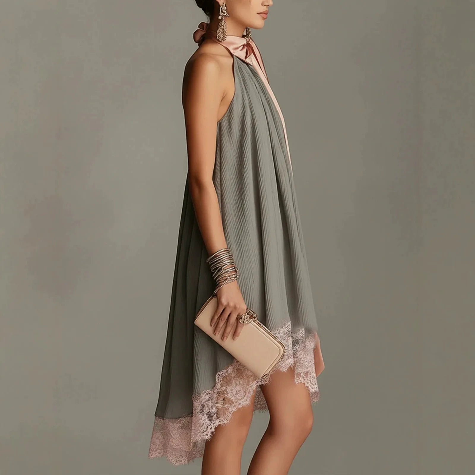 Pleated Halter Mini Dress for Women Pink Satin Big Bow Neck Tie Sleeveless Loose Flowy Elegant Cocktail Wedding Guest Dress