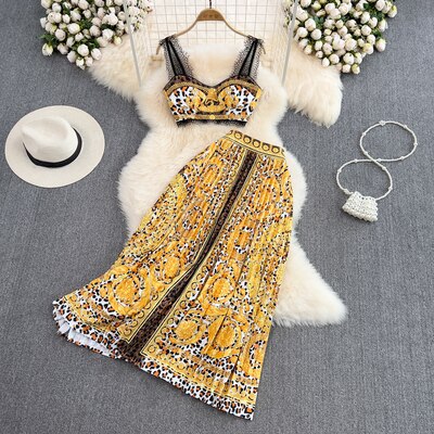 Gold 2023 Summer Fashion Designs Skirts Sets Women Outfits Indie Folk Print Sexy Two Pieces Lace Cropped Top Pleated Skirt Suit