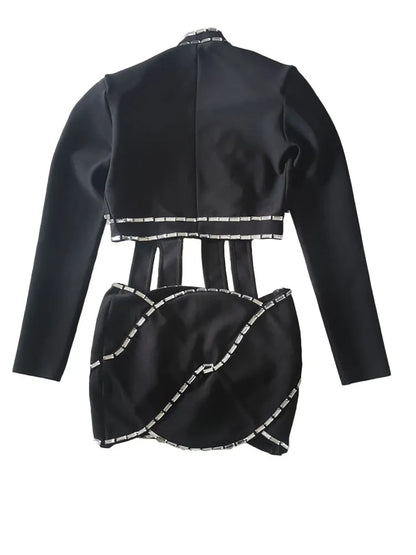 BEVENCCEL  New In Women's Luxury Diamond Hollow Suit 2-piece Set Elegant Long Sleeve Outfit Skirt Bandage Party Matching Set