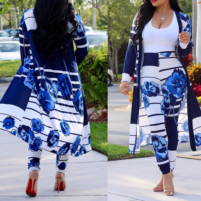 Print Longline Cardigan Coat &amp; Pant Sets Women 2 Piece Set