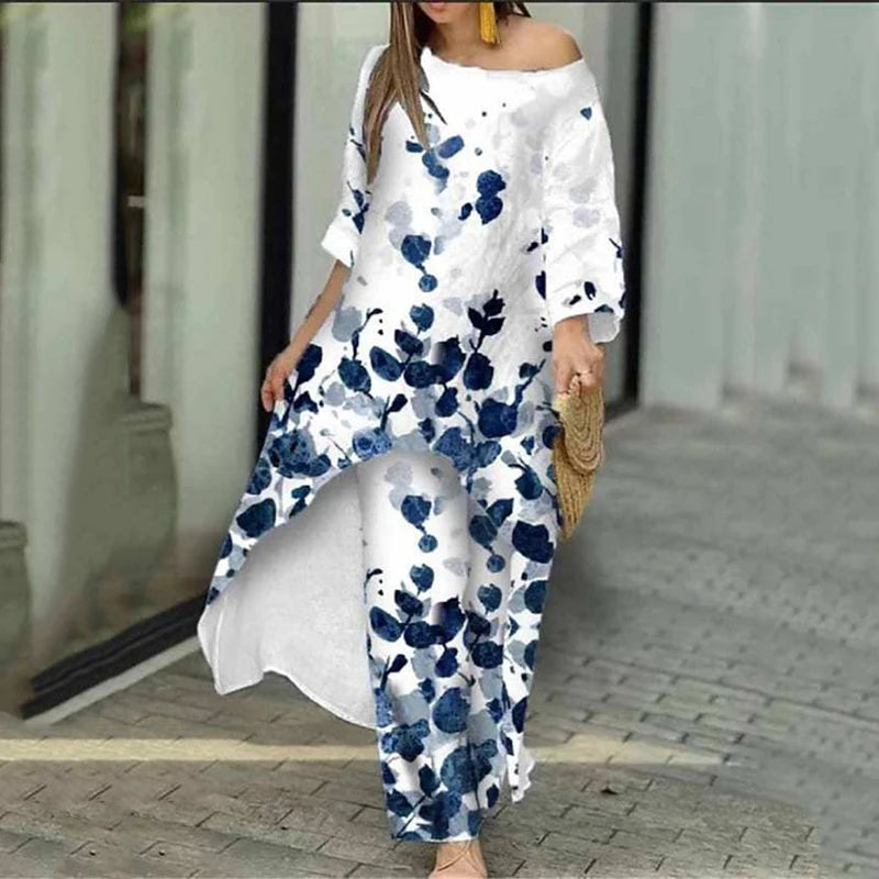 Two Piece Sets O-Neck Long Sleeve Irregular Hem Long Top & Causal Loose Wide Leg Pants Suits Fashion Print Floral Comfort Sets