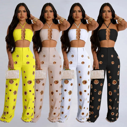 FLARORA Y2k Hole Sequined Wide Leg Pants Streetwear Sexy Solid Halter Sleeveless Backless Tops And Pants Women's Two Pieces Set