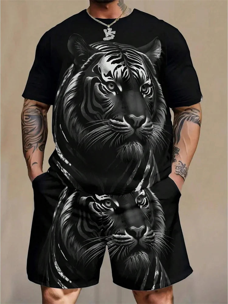2024 New Crew Neck Short Sleeve T-shirt Fashion Shorts Set 3D Lion Print Short Sleeve Shorts 2-piece Men's Summer Sports Set