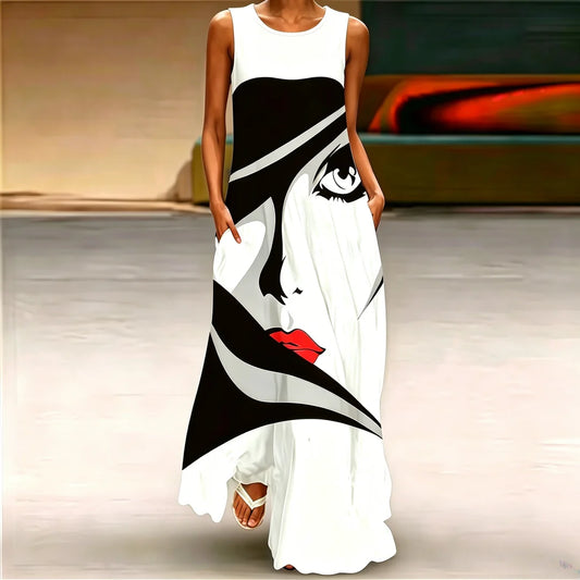 2026 Abstrakt Maskendruck Langes Kleid für Damen Sexy Ärmelloses Tank-Kleid V-Ausschnitt Freizeitkleidung Damen Robe Maxikleid