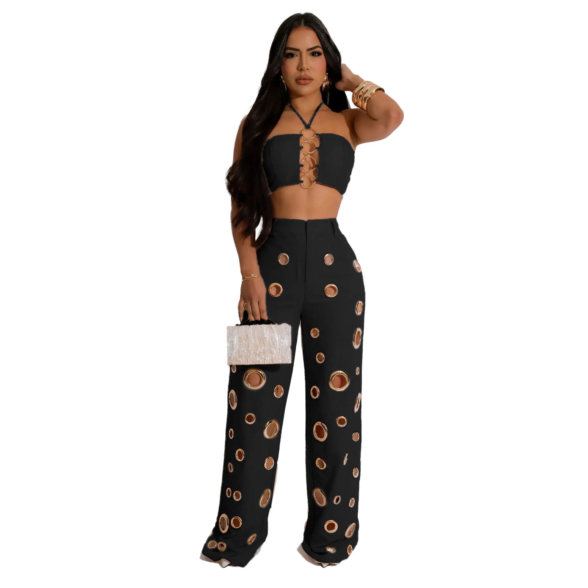 FLARORA Y2k Hole Sequined Wide Leg Pants Streetwear Sexy Solid Halter Sleeveless Backless Tops And Pants Women's Two Pieces Set
