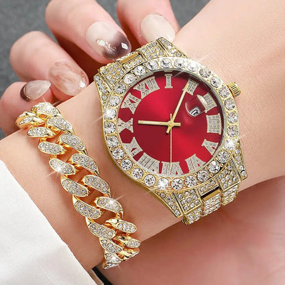 3PCS/Set Luxury Diamond Men's Watches Fashion Roma Dial Stainless Steel Band Quartz Watch Jewelry Set Reloj Hombre（Without Box）