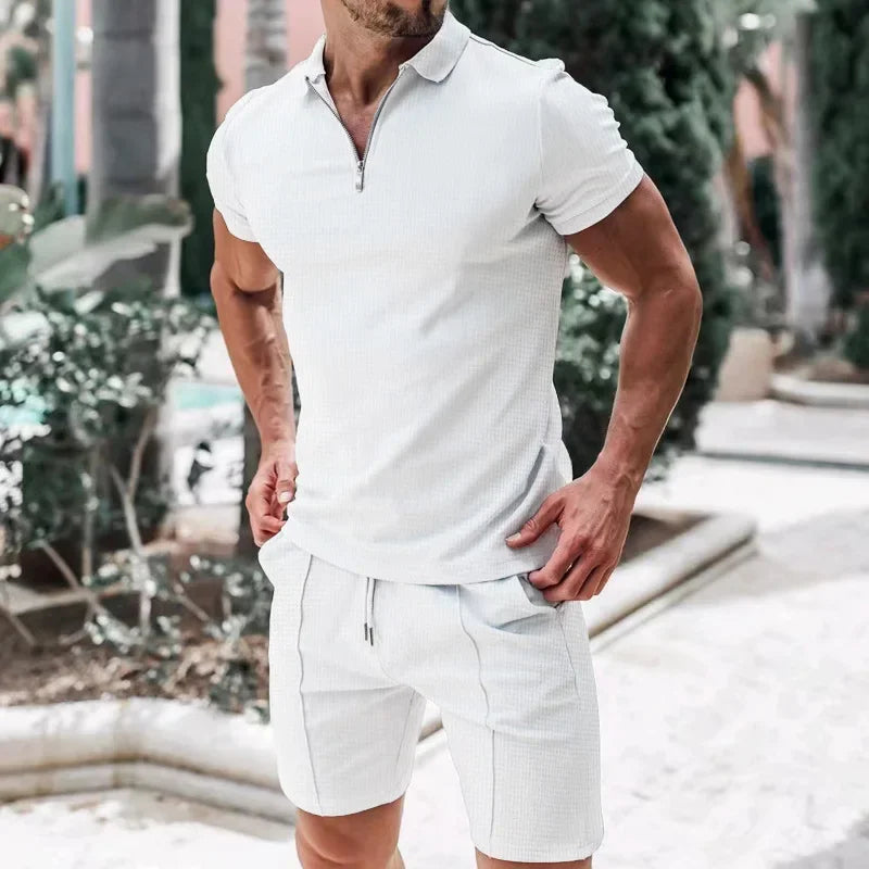 2025 Summer Men's Polo Shirt Set Solid Color Waffle Short Sleeve Slim Fit Collar T-shirt Casual Men's Set