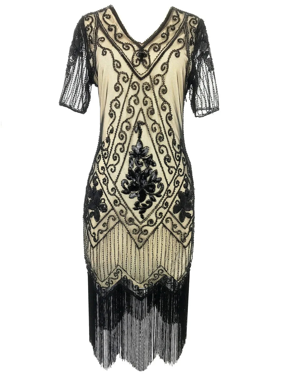 Embellished Beaded Sequin Dress Robe Vestidos Women 1920s Flapper Dress Vintage V Neck Butterfly Sleeve Long Great Gatsby Dress