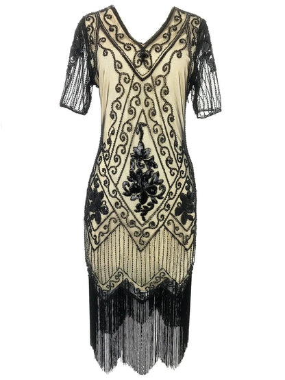 Embellished Beaded Sequin Dress Robe Vestidos Women 1920s Flapper Dress Vintage V Neck Butterfly Sleeve Long Great Gatsby Dress
