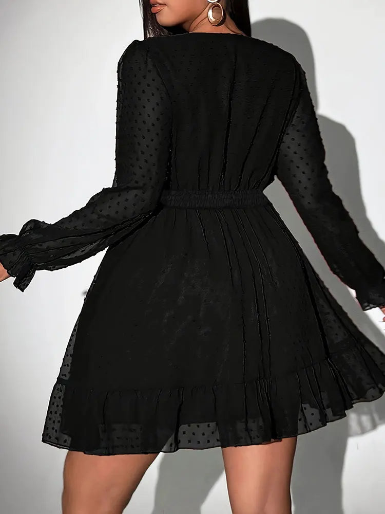 Neues sexy V-Ausschnitt Kurzarmkleid Übergröße Uni Polka Dot Langarm Amerikanischer schmaler A-Linien-Rock elegantes Party-Damenabendkleid