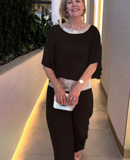 Spring Autumn Women's Clothing New Set Round Neck Fashion Glitter Color Blocked Bat Shirt Wide Leg Pants Set For Women