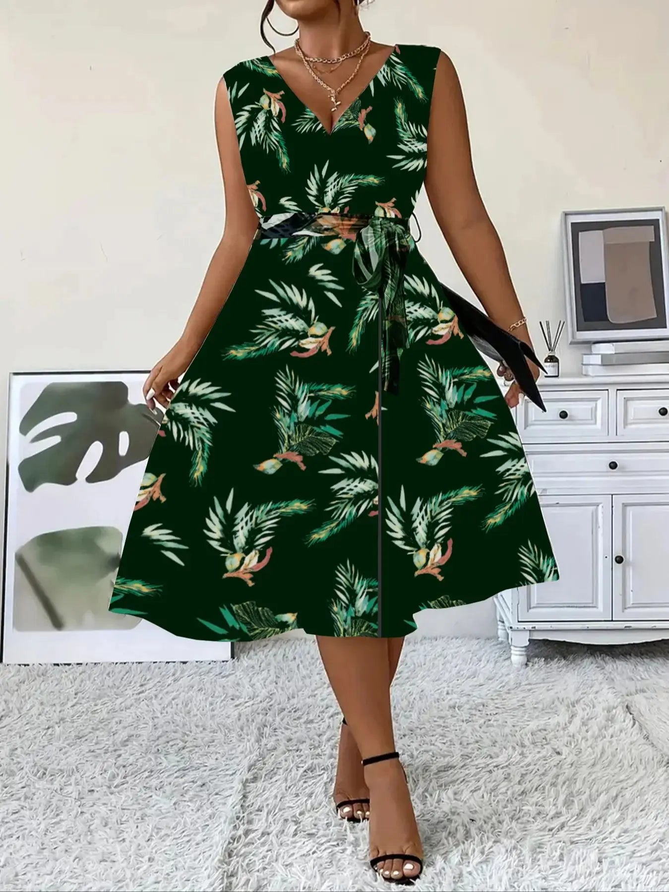 Elegantes Kleid für Damen in Übergrößen mit sexy V-Ausschnitt, stilvollem Pendler-Slim-Fit und ärmellosem Design