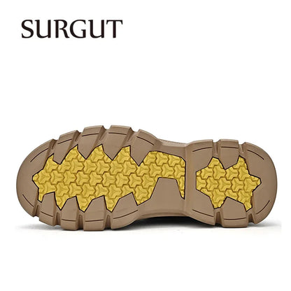 SURGUT Men's Leather Boots  New Ankle Motorcycle Boots Retro Handmade Luxury Lace Up Waterproof Shoes For Men Working Boots