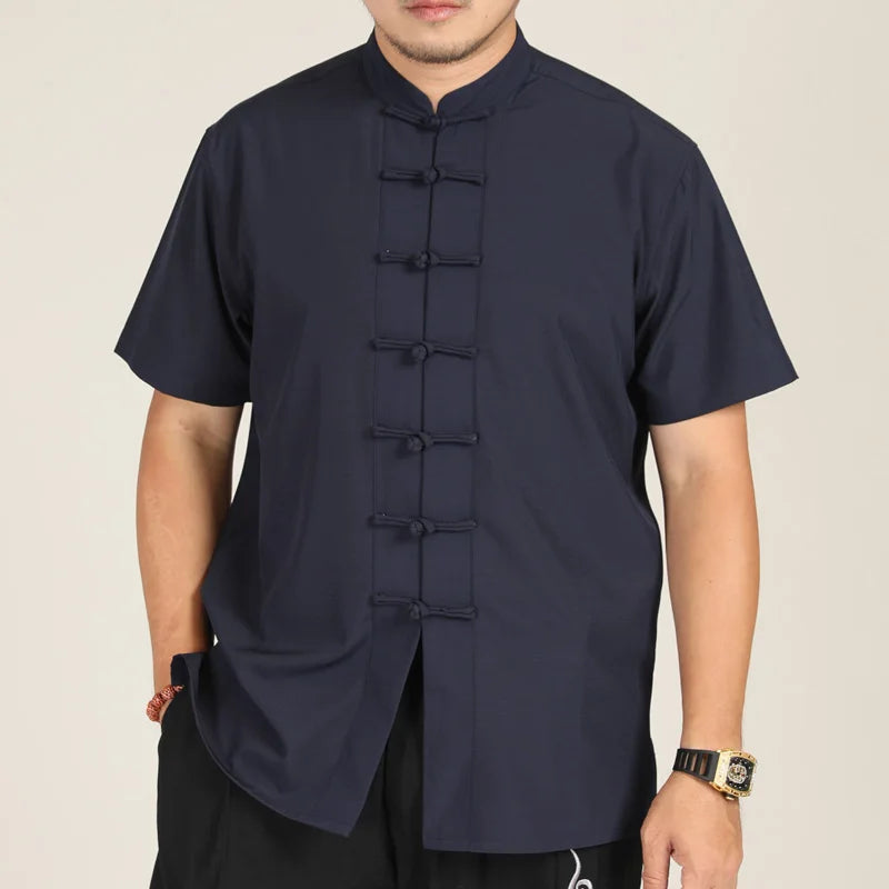 Men Mandarin Collar Chinese Style Shirt Short Sleeve Summer Oversize Formal Casual Retro Black White plus Size 6XL 7XL 8XL 10XL