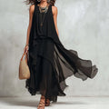 New Women's Sleeveless Black Color Maxi Dress Summer Holiday O Neck Elegant Chic Loose Fashion Ladies Irregular Dress Streetwear