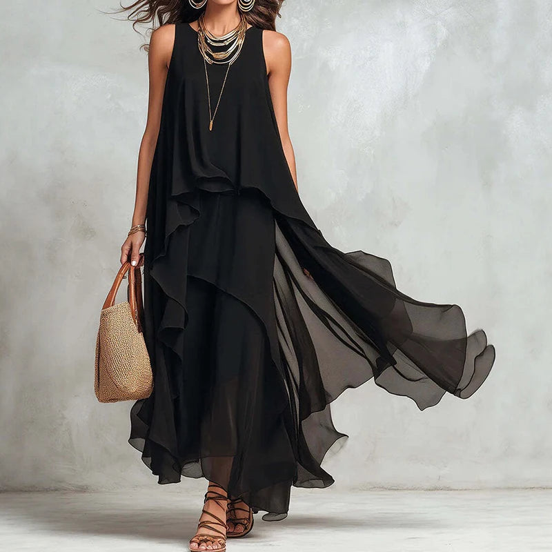 New Women's Sleeveless Black Color Maxi Dress Summer Holiday O Neck Elegant Chic Loose Fashion Ladies Irregular Dress Streetwear