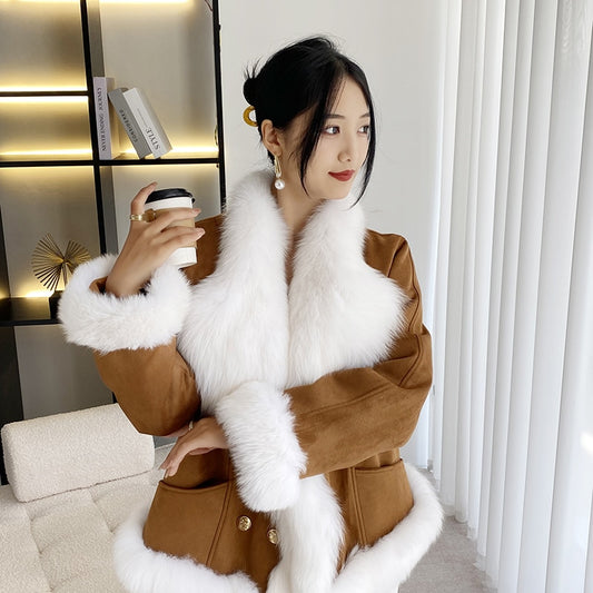 2023 New Fox Fur Collar Fur Coat Female Chamois Leather Korean Version Inner Coat Goose Down Down Coat Winter Top