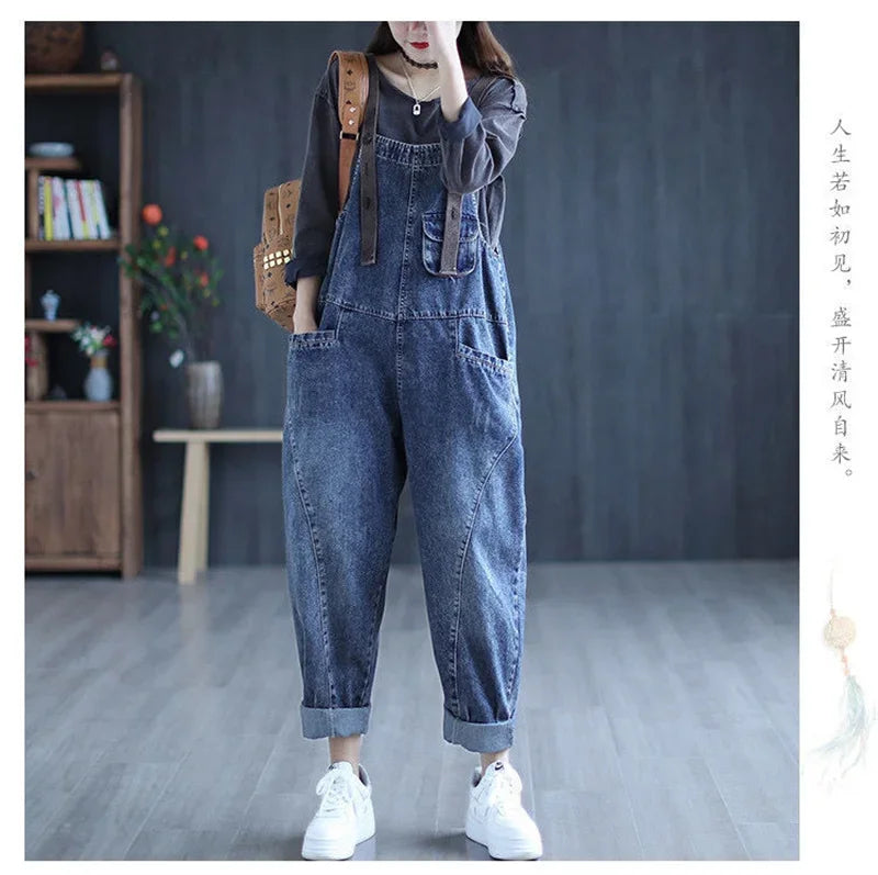 Jumpsuit Women Jeans Rompers New Retro Big Pocket Loose Denim Overalls Fashion Large Size Wide-leg Pants Drop Shipping