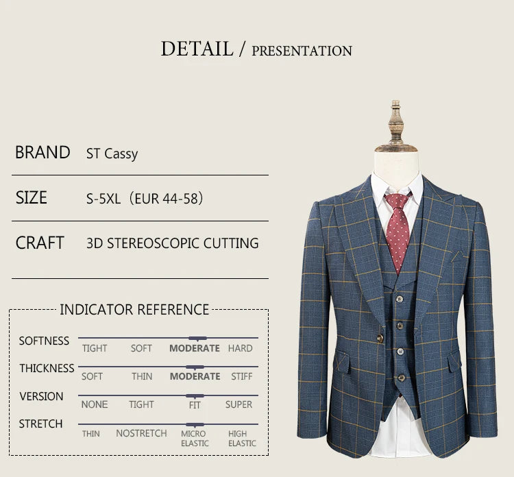 ST Cassy Hochwertiger 3-teiliger karierter Anzug für Herren, stilvolles Business-Büro-Hochzeits-Formelles-Outfit, eleganter Herrenanzug