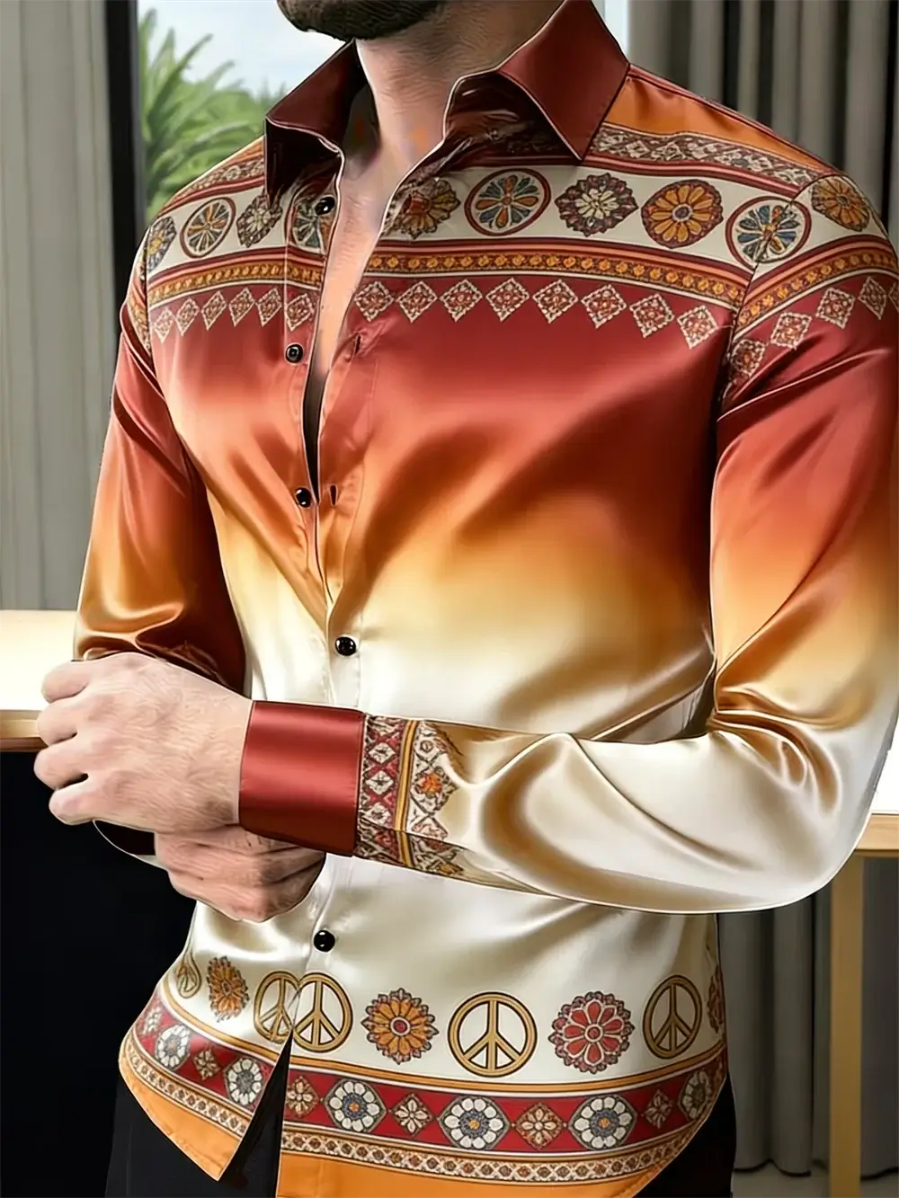 Neues Herren-Langarmshirt mit 3D-Blumendruck und hochwertigen Mustern, lässiges Langarm-Oberteil mit Kragen