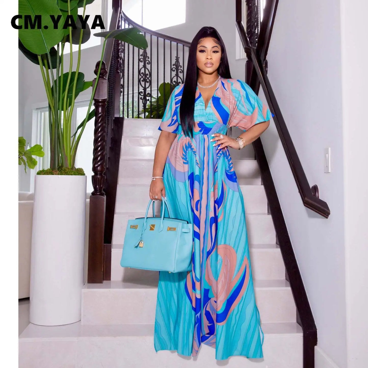 CM.YAYA Elegant Women Paisley Half Sleeve V-neck High Waist Tunic Big Swing Maxi Dress 2022 Summer Chic Sexy Party Long Dresses