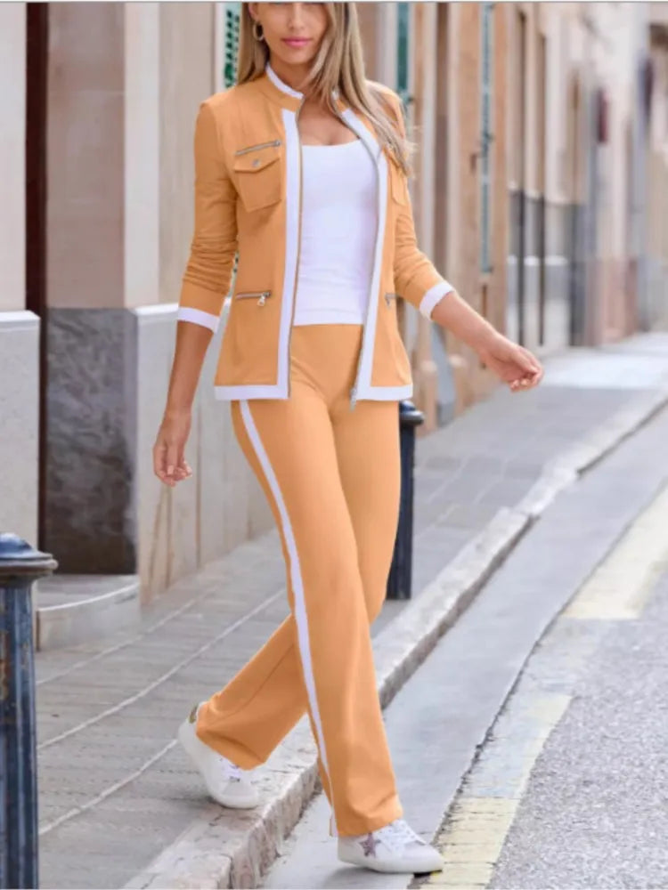 Autumn And Winter New Fashion Solid Color Casual Two Piece Sets Elegant Women Slim Simple Zipper Top Straight Sweatpants Suit