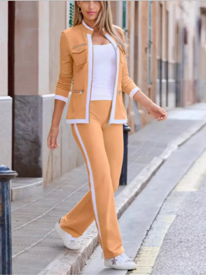 Autumn And Winter New Fashion Solid Color Casual Two Piece Sets Elegant Women Slim Simple Zipper Top Straight Sweatpants Suit