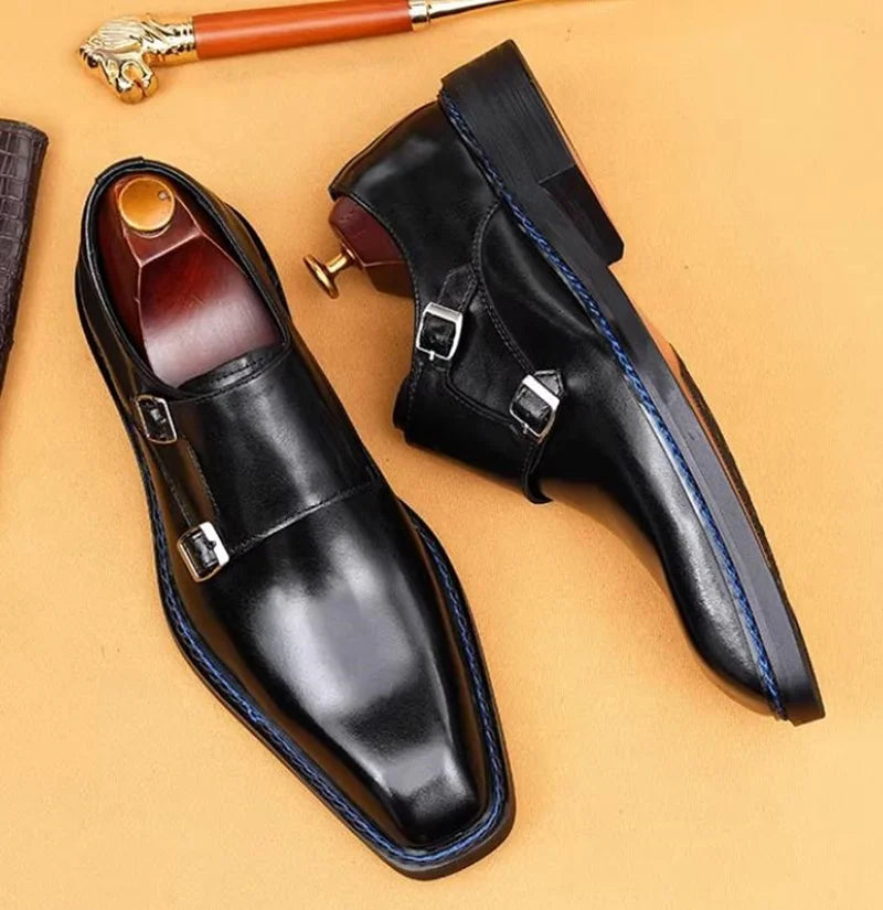Hochwertige Herrenschuhe aus Rindsleder, eckige Zehenpartie, Doppel-Monk-Strap, Herren-Businessschuhe zum Hineinschlüpfen