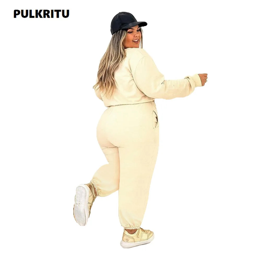 Pulkritu Plus Size Women Jogger Pants Set and Long Sleeve Sweatshirt Fashion Two 2 Piece Set Active Tracksuit Outfits