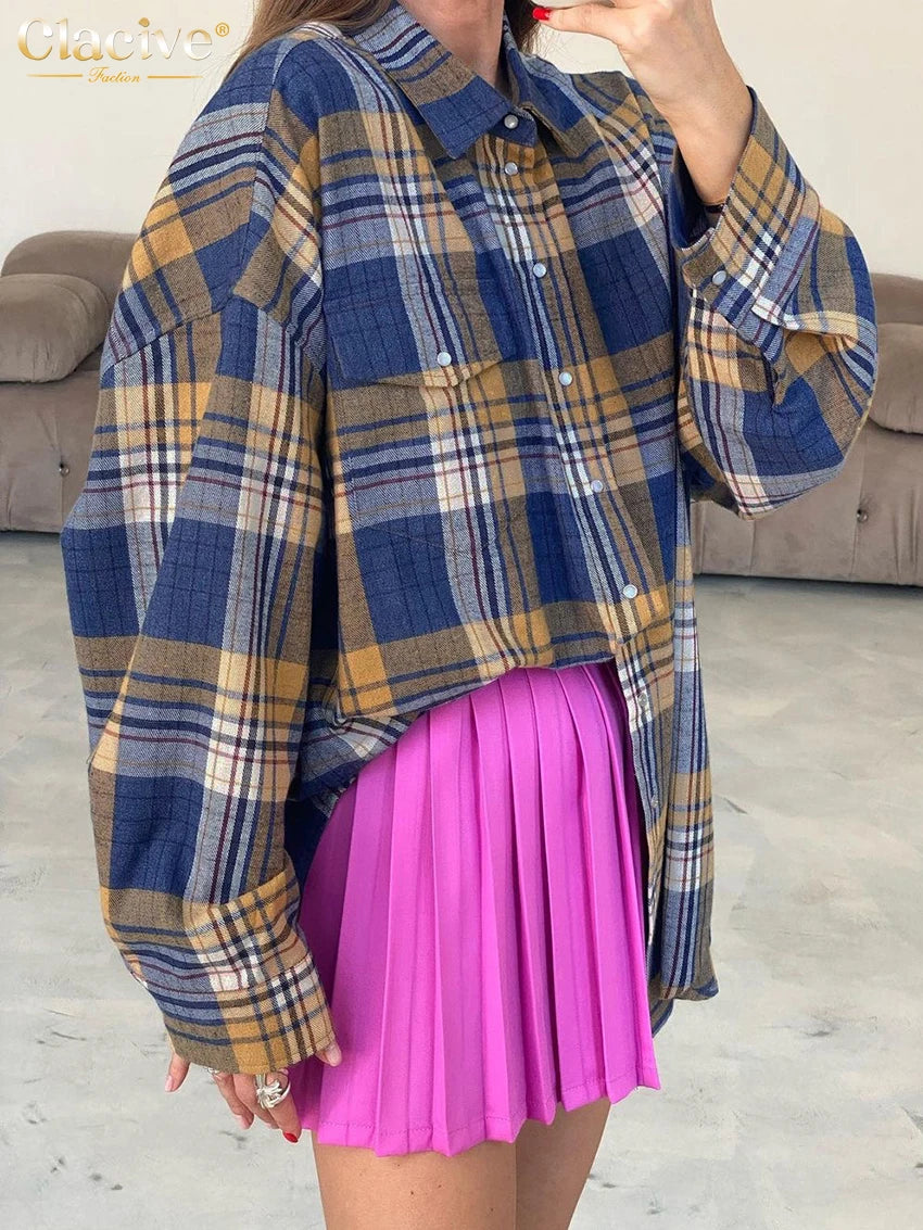 Clacive Fashion Loose Plaid Women'S Blouse  Elegant Lapel Long Sleeve Office Shirts And Blouses Vintage Oversize Top Female