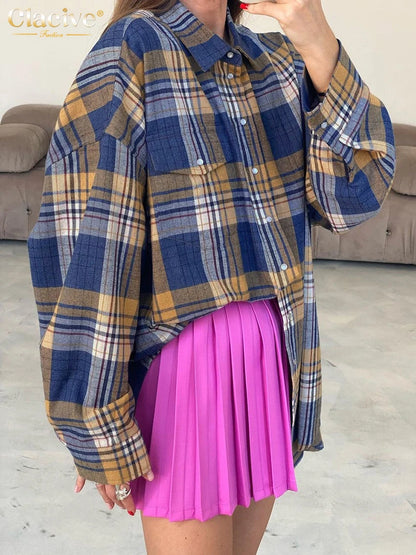 Clacive Fashion Loose Plaid Women'S Blouse  Elegant Lapel Long Sleeve Office Shirts And Blouses Vintage Oversize Top Female