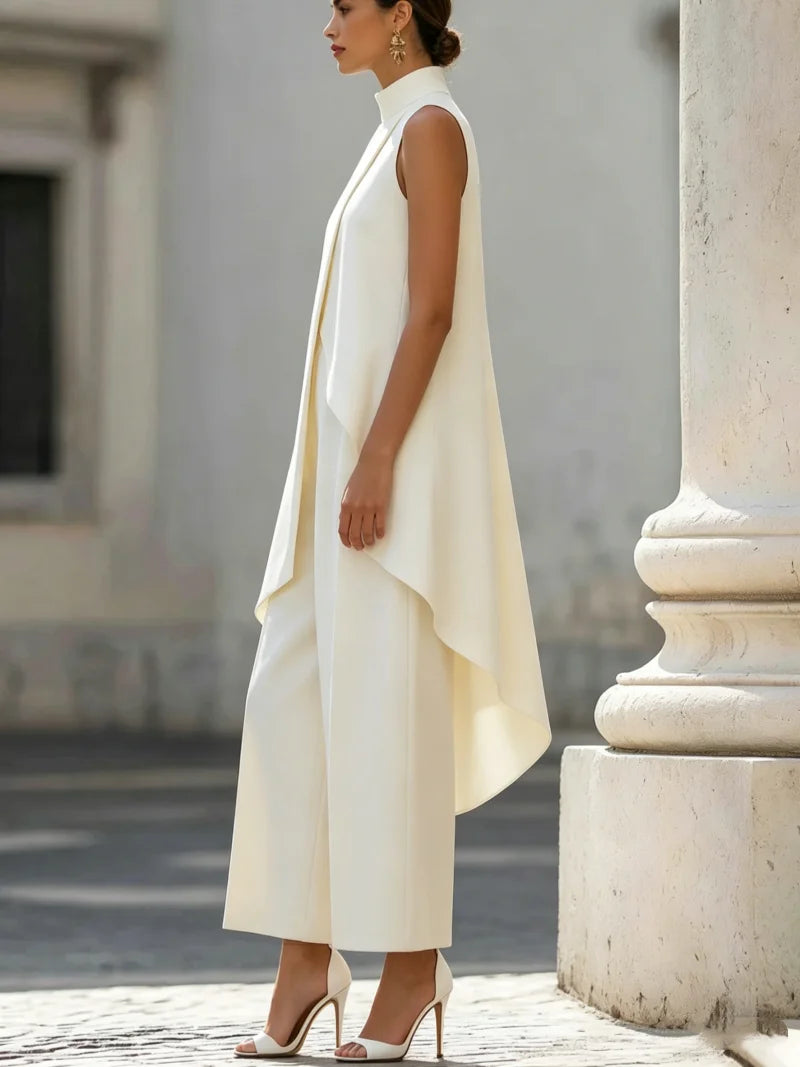 Sleeveless High Neck Asymmetrical Layered Wide Leg Jumpsuit for Women Elegant Formal Evening Wear