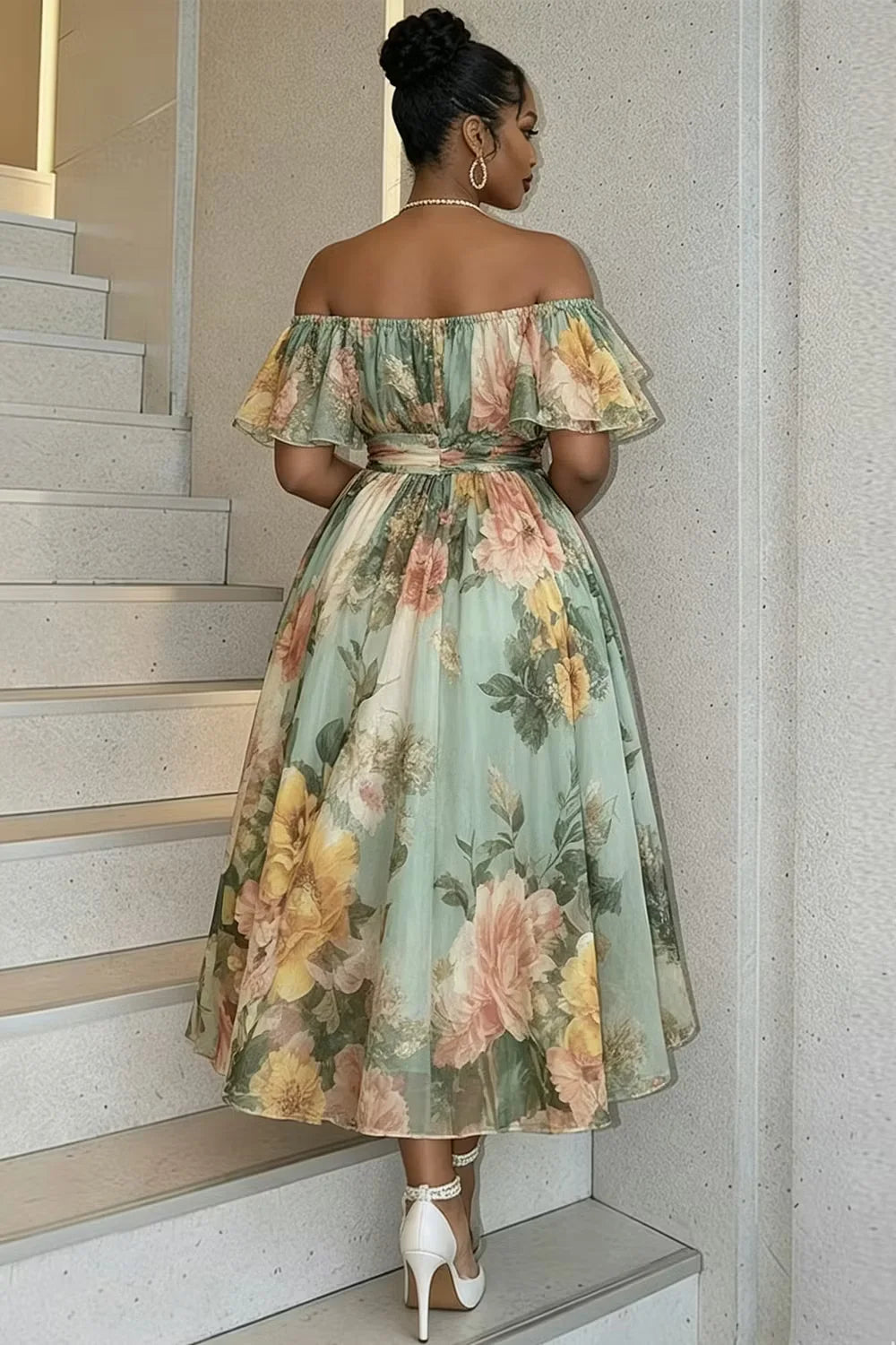 Plus Size Cocktail Party Sage Green Floral Off The Shoulder Ruffle Chiffon Maxi Dress A-Line Flowy Formal Dress for Women