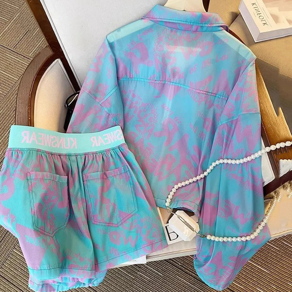2024 Women Shorts Sets Outfits Casual Two Piece Set Women's Summer Fashion Sunscreen Tops + High Waist Loose Short Pants Suits