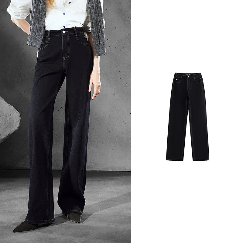 TOYOUTH Women Denim Jeans  Autumn New Lycra Stretch Straight Wide Leg Long pants