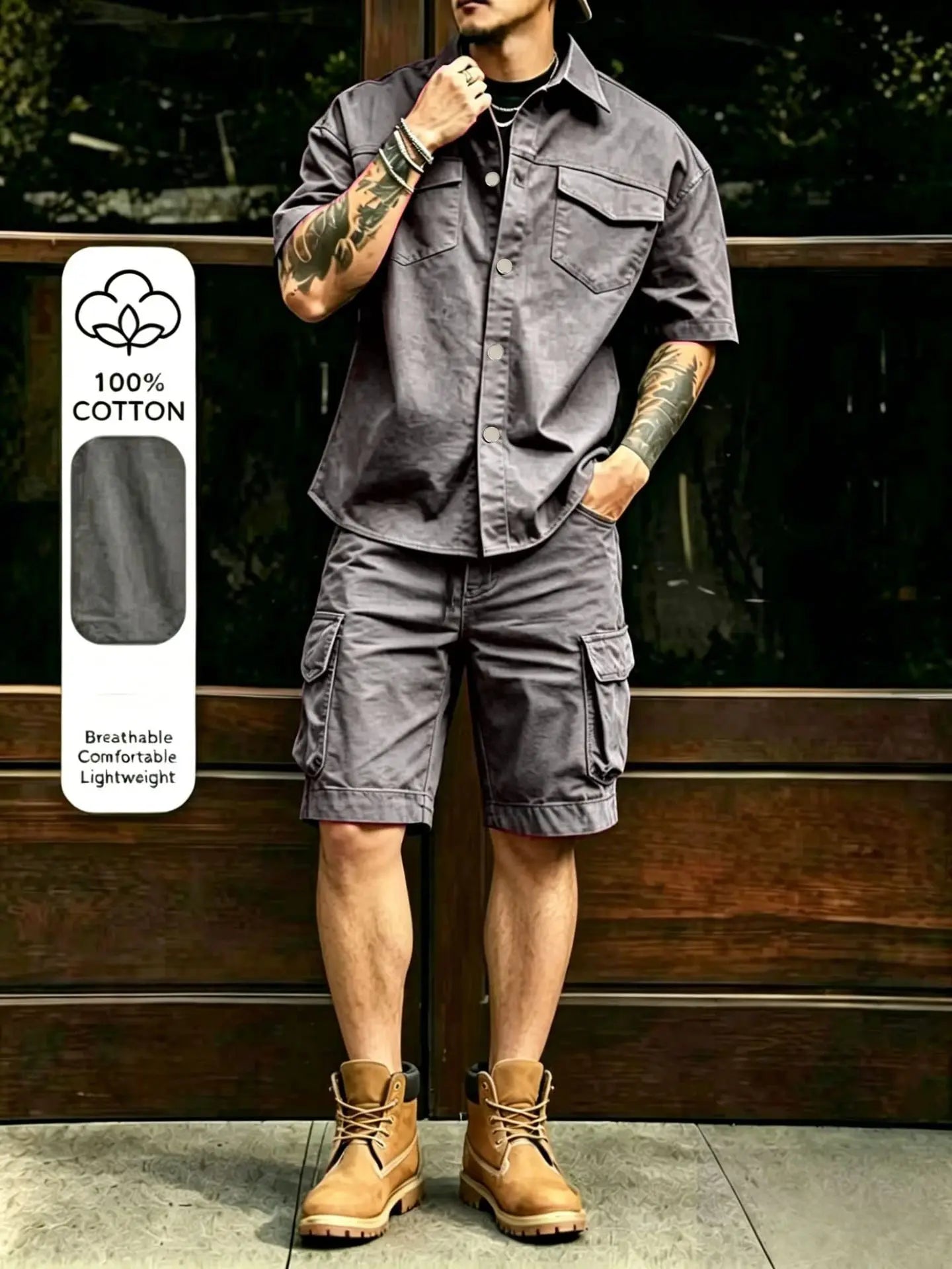 2026 Male Vintage Mens Multi Pocket Outfits Stylish Men Patchwork Shirt Shorts Sets Outdoor Casual Short Sleeve Two Piece Suits