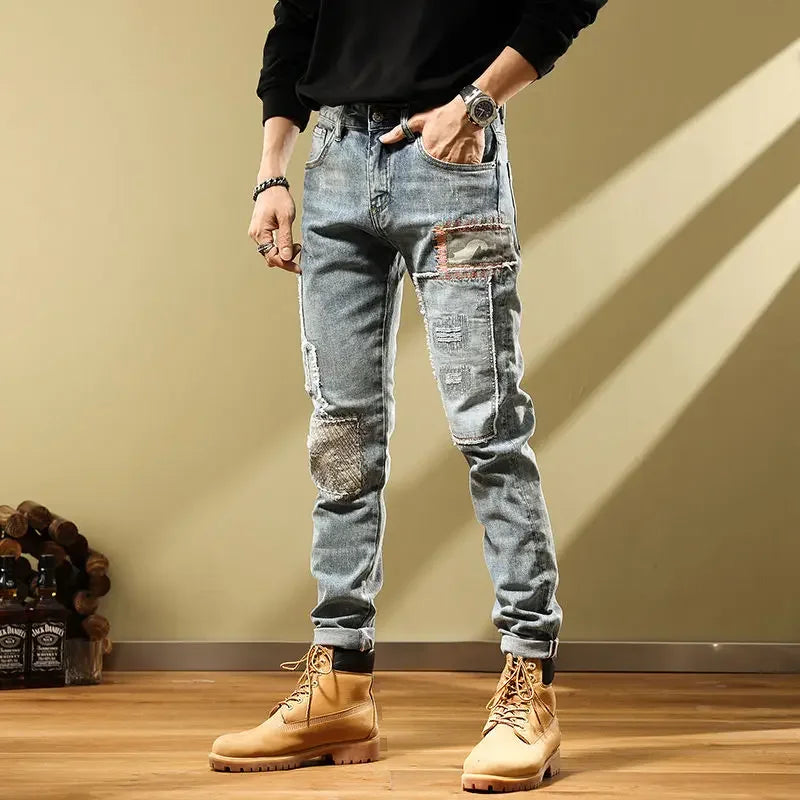 Male Cowboy Pants Tight Pipe Trousers Slim Fit Elastic Jeans for Men Patch Stretch Skinny Loose Korean Style Fashion Retro Cheap