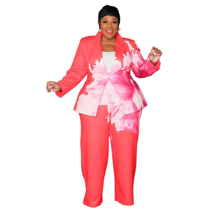 CM.YAYA Plus Size Women's Set Long Sleeve Floral Print Blazer +Wide Leg Pants Suit  Fall Two 2 Piece Set Outfits Tracksuit