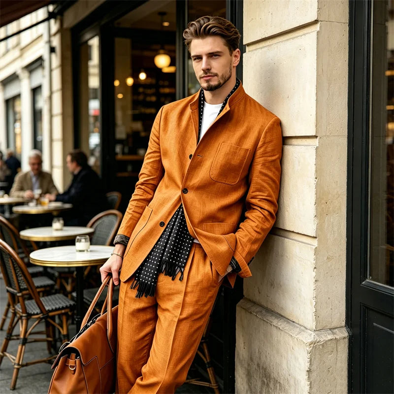 Men's 2 Piece Suit Linen Blend Stand Collar Single Breasted 3 Button Slim Fit Business Casual Vacation Wedding Breathable Outfit