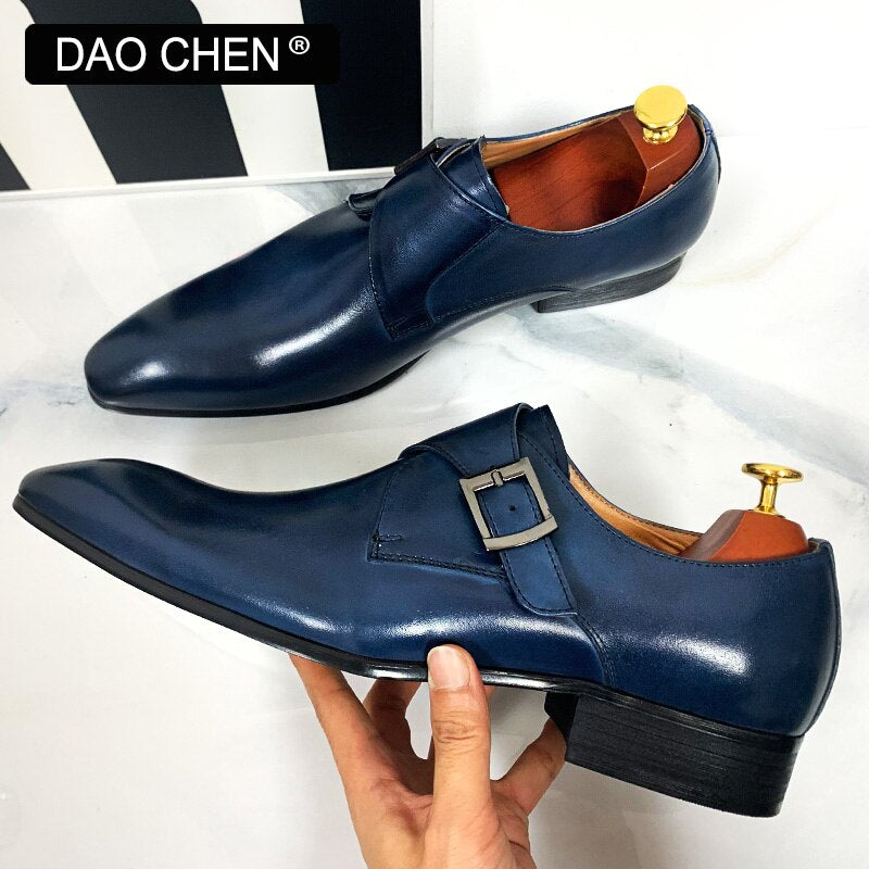 DAOCHEN MEN LEATHER SHOES BLACK BLUE MONK STRAP LOAFERS SLIP ON LUXURY BRAND CASUAL MENS DRESS SHOES WEDDING OFFICE MEN&#39;S SHOES