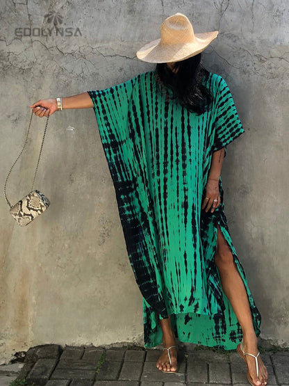 Bohemian Printed V-neck Batwing Sleeve Side Split Loose Dress For Women Clothes Plus Size Beachwear Maxi Dresses Q1218