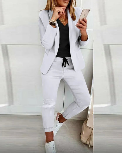 Women's Monochrome Casual Business Suit Temperament Commuting Pants Drawstring Elastic Waist Fashion Slit Suit Two-piece Set
