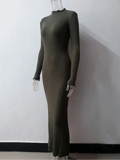 GACVGA  Autumn Winter Knitted Maxi Dress Elegant Women Long Sleeve Slim Pleated Robe Club Party Bodycon Long Dress Vestidos