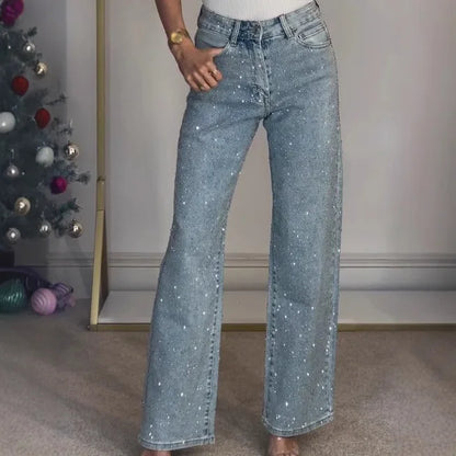 Straight Jeans for Women Diamonds Pants Stretch High Waist Washed Distressed Pockets Vintage Denims Streetwear Female Trousers