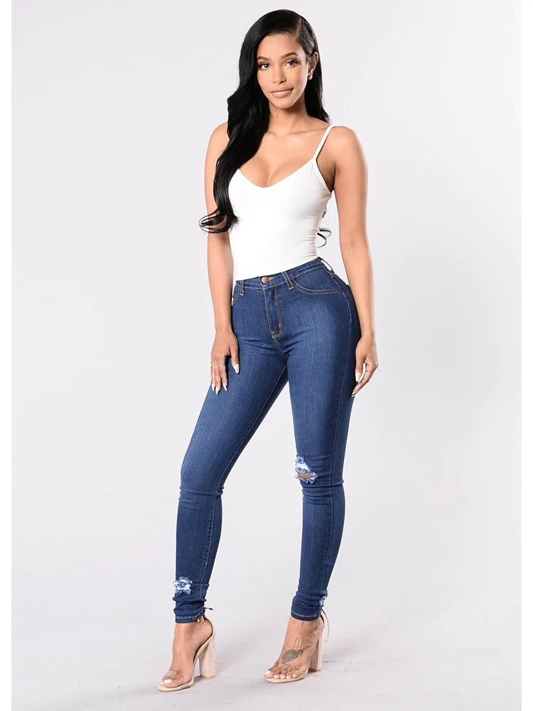 Women Stretch Skinny Ripped Jeans Lady High Waist Pencil Long Pants Narrow Straight Leg Wrap Hips Plus Size S-3XL Trousers