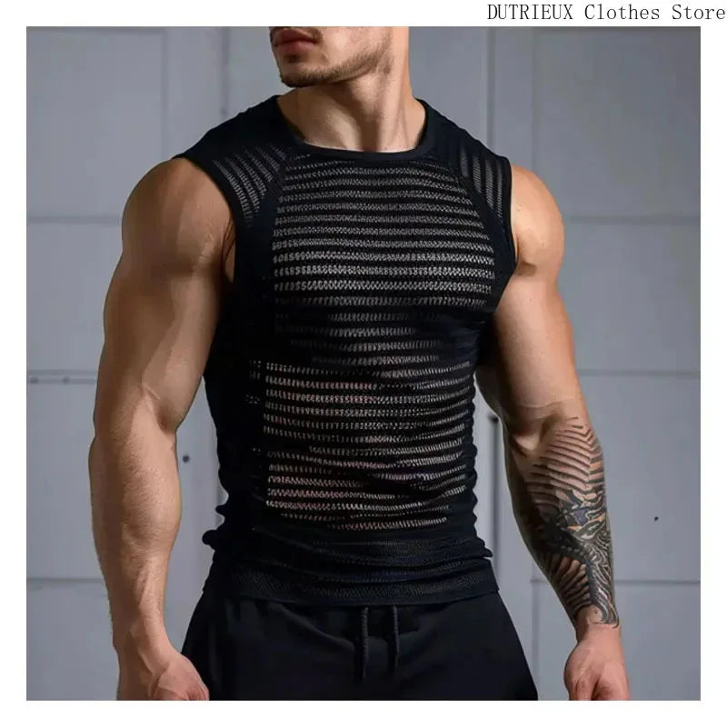 Men's Leather Stitching Net Shirt Motorcycle Leather Vest Top Sexy See-through Hooded Vest Muscular Men Fitness Vest Tank Top Me